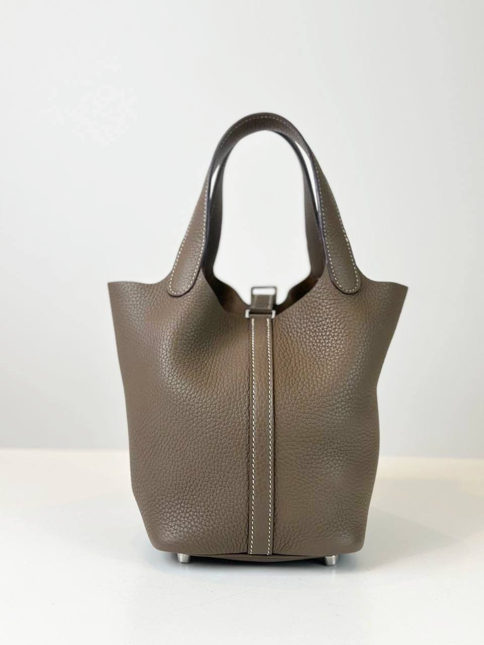 HERMES PICOTIN LOCK 18 IN ETOUPE TAURILLION CLEMENCE LEATHER