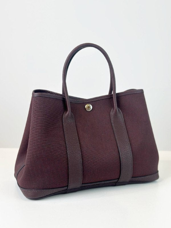 HERMES GARDEN PARTY 30 TOILE BURGUNDY HANDBAG