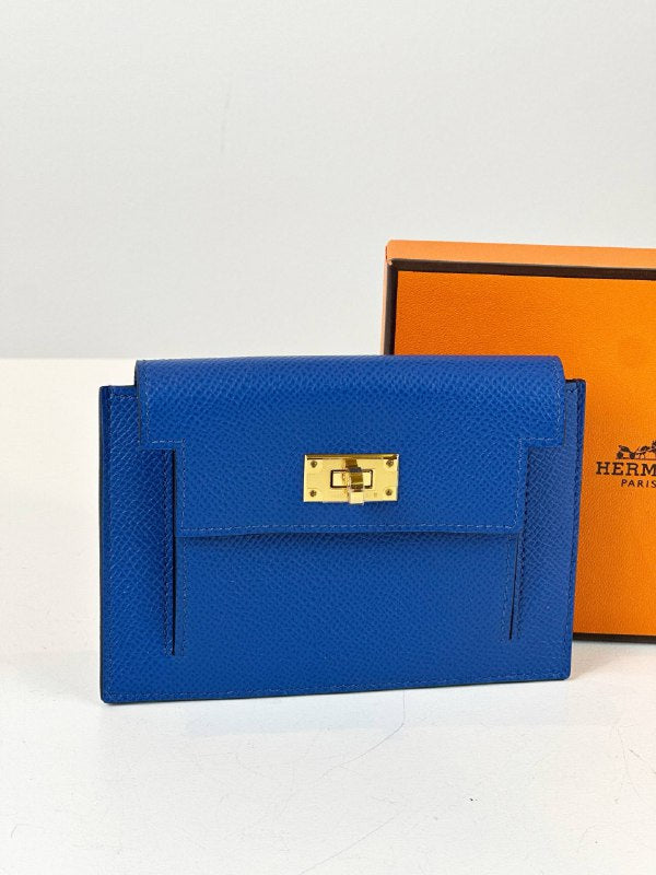 HERMES KELLY POCKET COMPACT EPSOM BLUE WALLET GHW