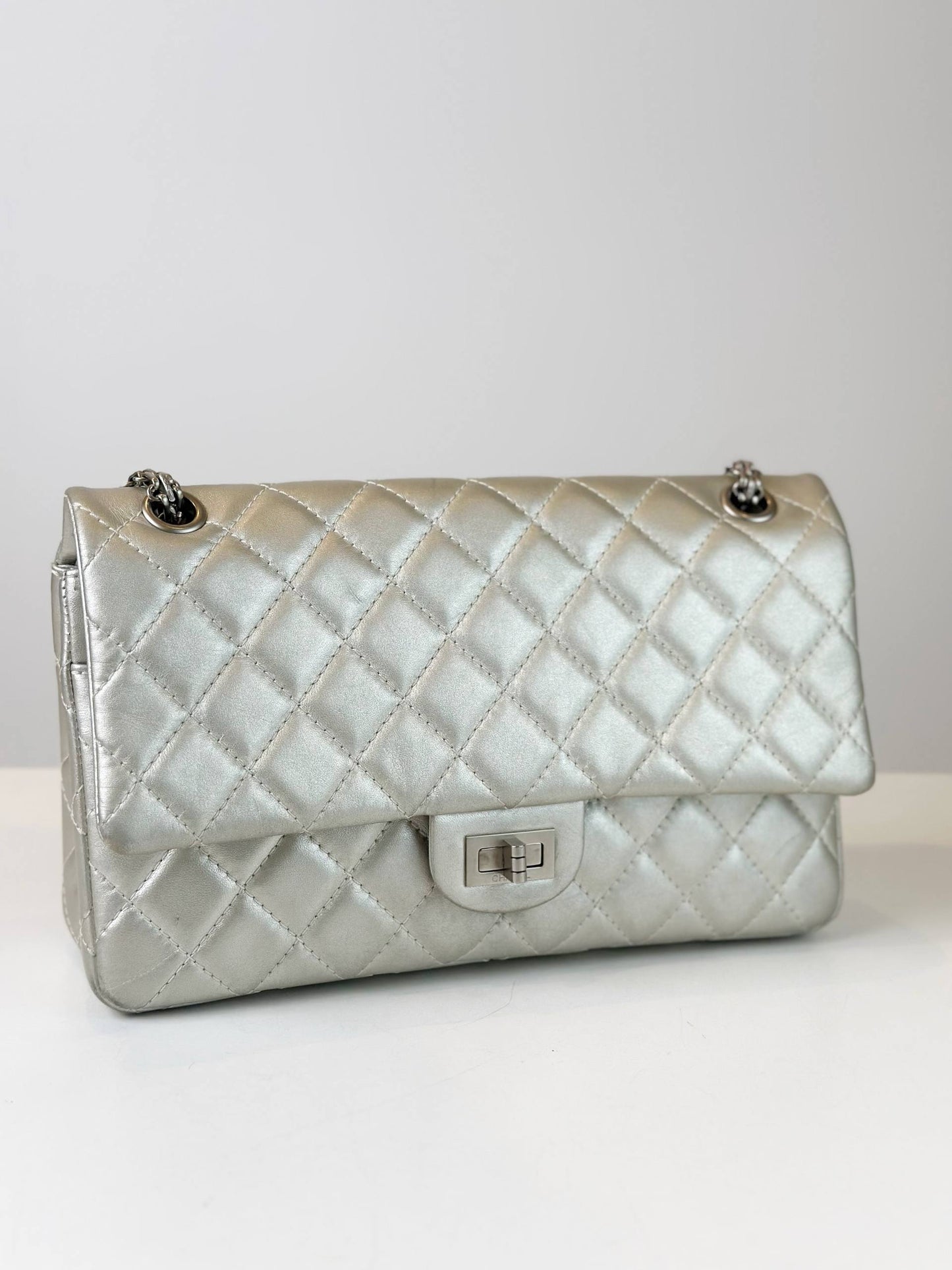 Chanel Silver 2.55 Bag Medium Size