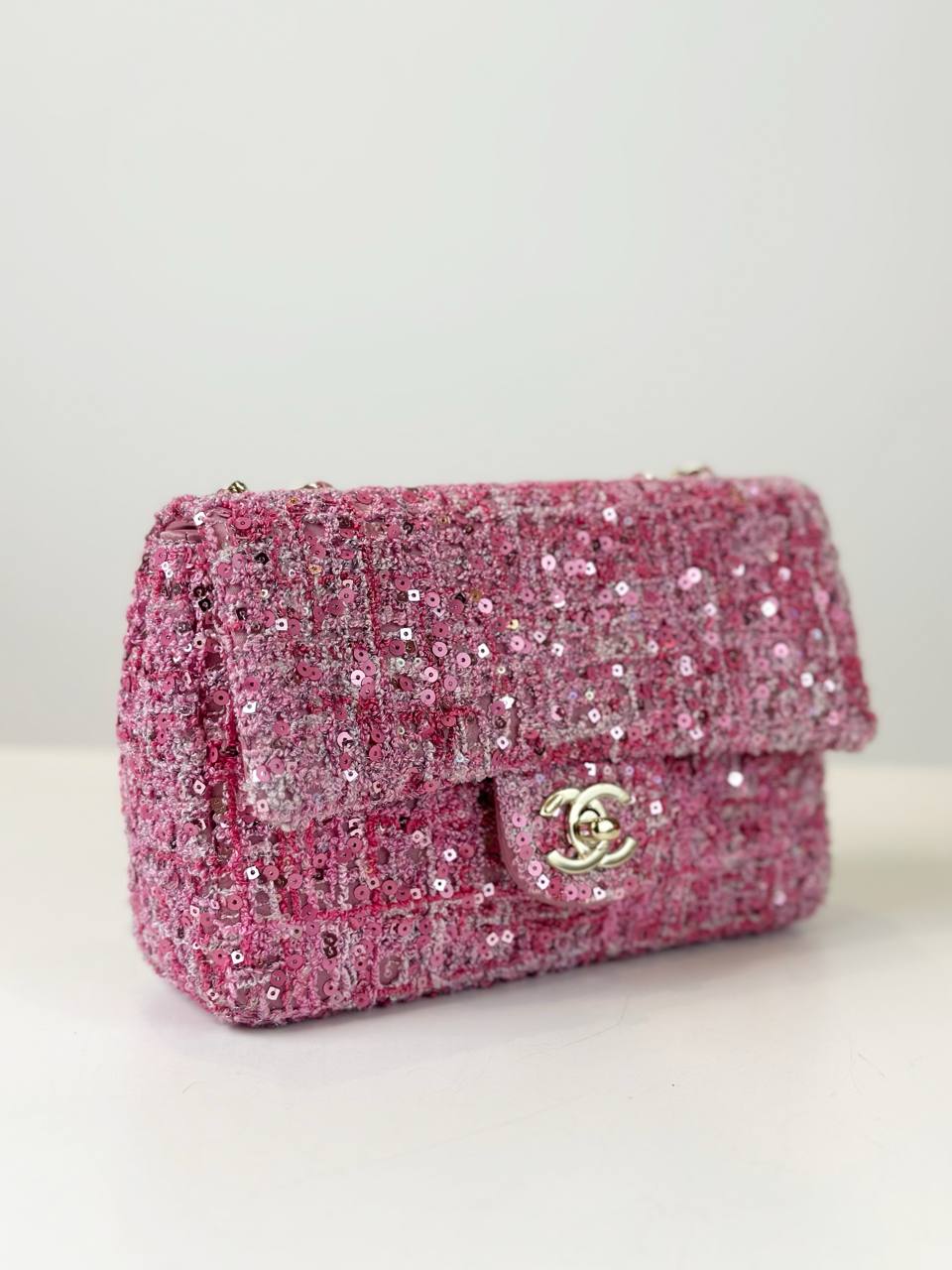 CHANEL CLASSIC FLAP PINK TWEED SEQUIN RECTANGULAR MINI SHOULDER BAG