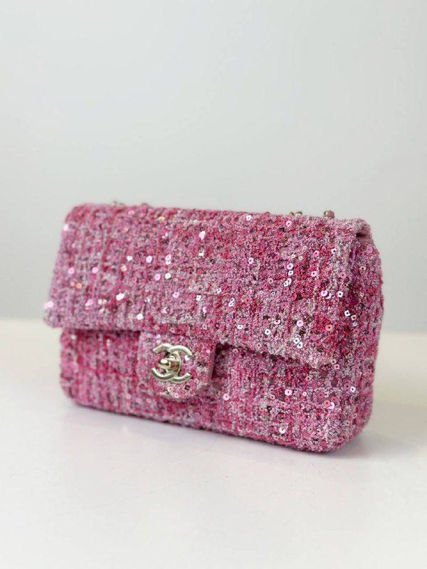CHANEL CLASSIC FLAP PINK TWEED SEQUIN RECTANGULAR MINI SHOULDER BAG