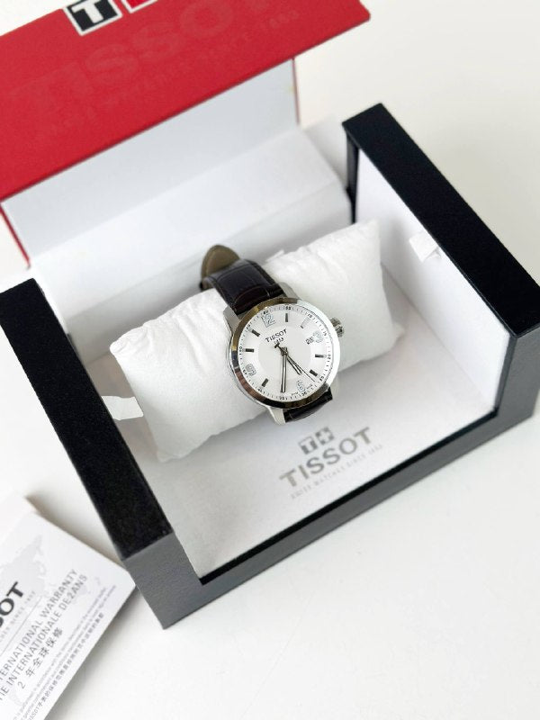 TISSOT PRC 200 WHITE DIAL LEATHER STRAP QUARTZ WATCH