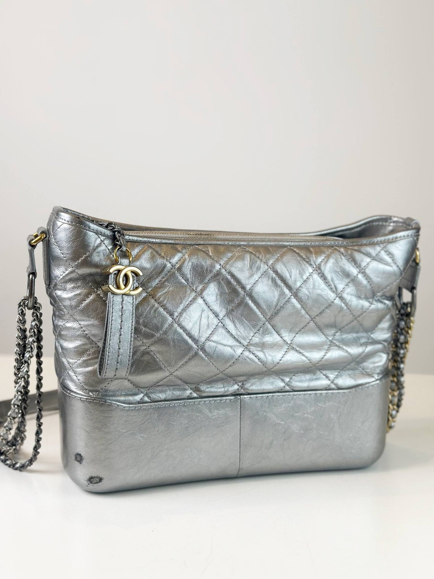 CHANEL GABRIELLE METALLIC SILVER MEDIUM SHOULDER BAG