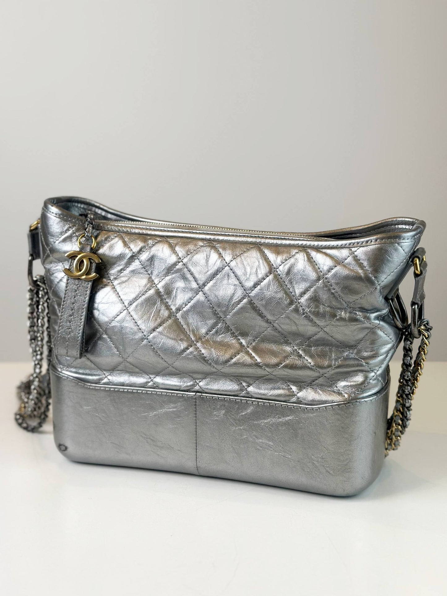 CHANEL GABRIELLE METALLIC SILVER MEDIUM SHOULDER BAG