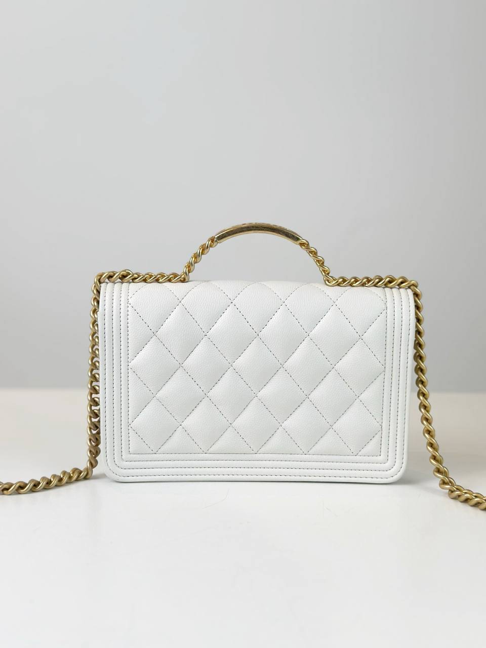 CHANEL CAVIAR QUILTED LE BOY TOP HANDLE WHITE WALLET ON CHAIN GHW