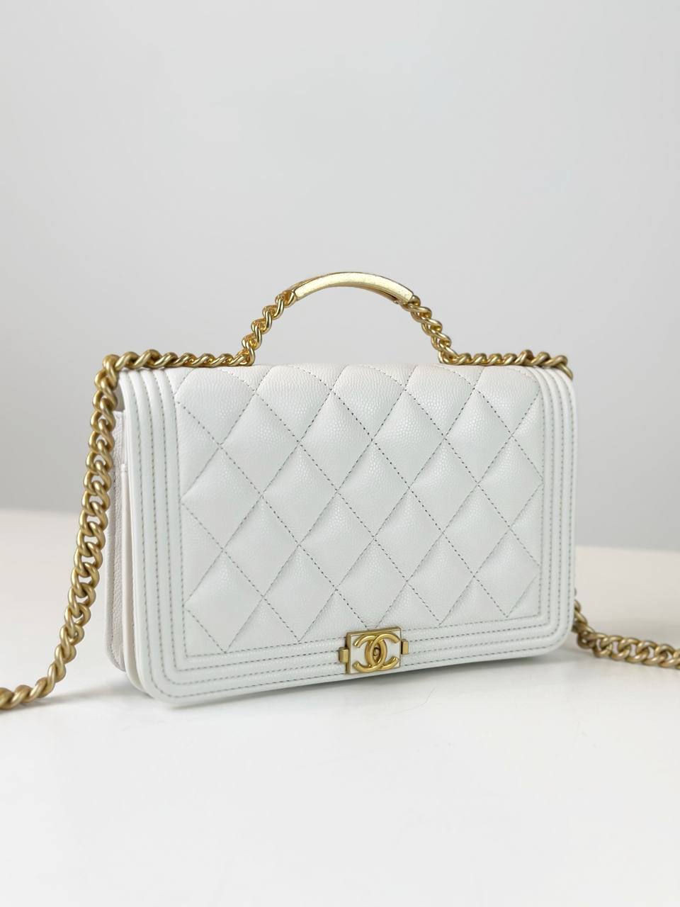 CHANEL CAVIAR QUILTED LE BOY TOP HANDLE WHITE WALLET ON CHAIN GHW