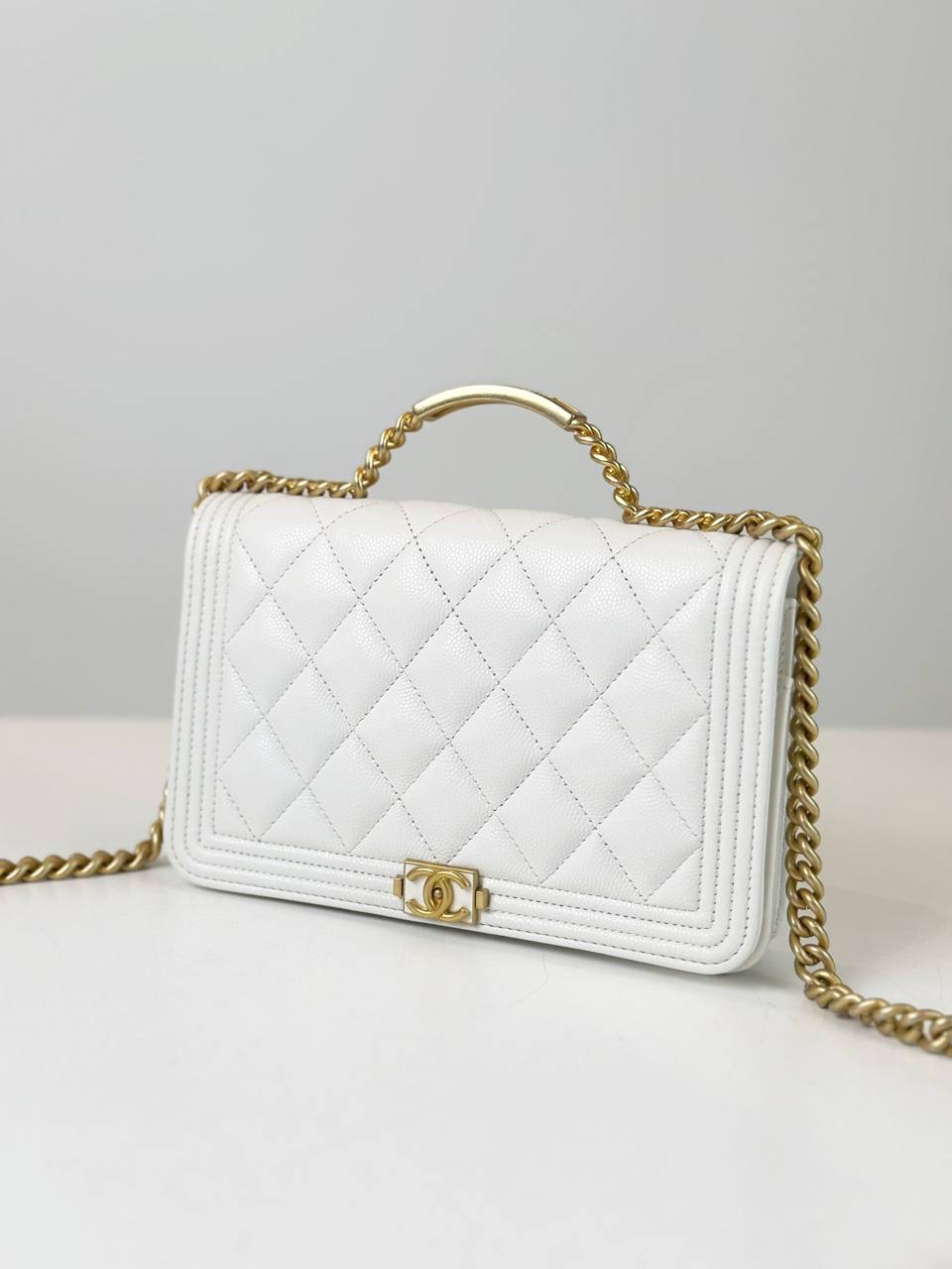 CHANEL CAVIAR QUILTED LE BOY TOP HANDLE WHITE WALLET ON CHAIN GHW