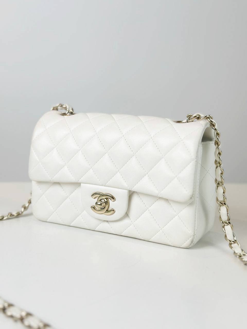 CHANEL MINI RECTANGULAR WHITE FLAP SHOULDER BAG GHW