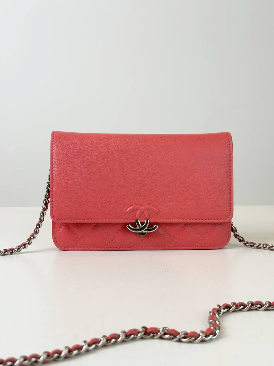 CHANEL CAVIAR RED CC BOX WALLET ON CHAIN