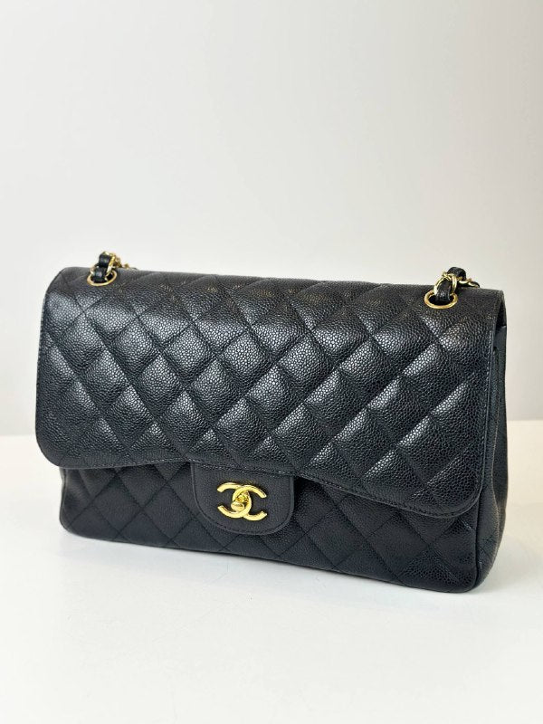 CHANEL CLASSIC FLAP BLACK CAVIAR JUMBO SHOULDER BAG GHW