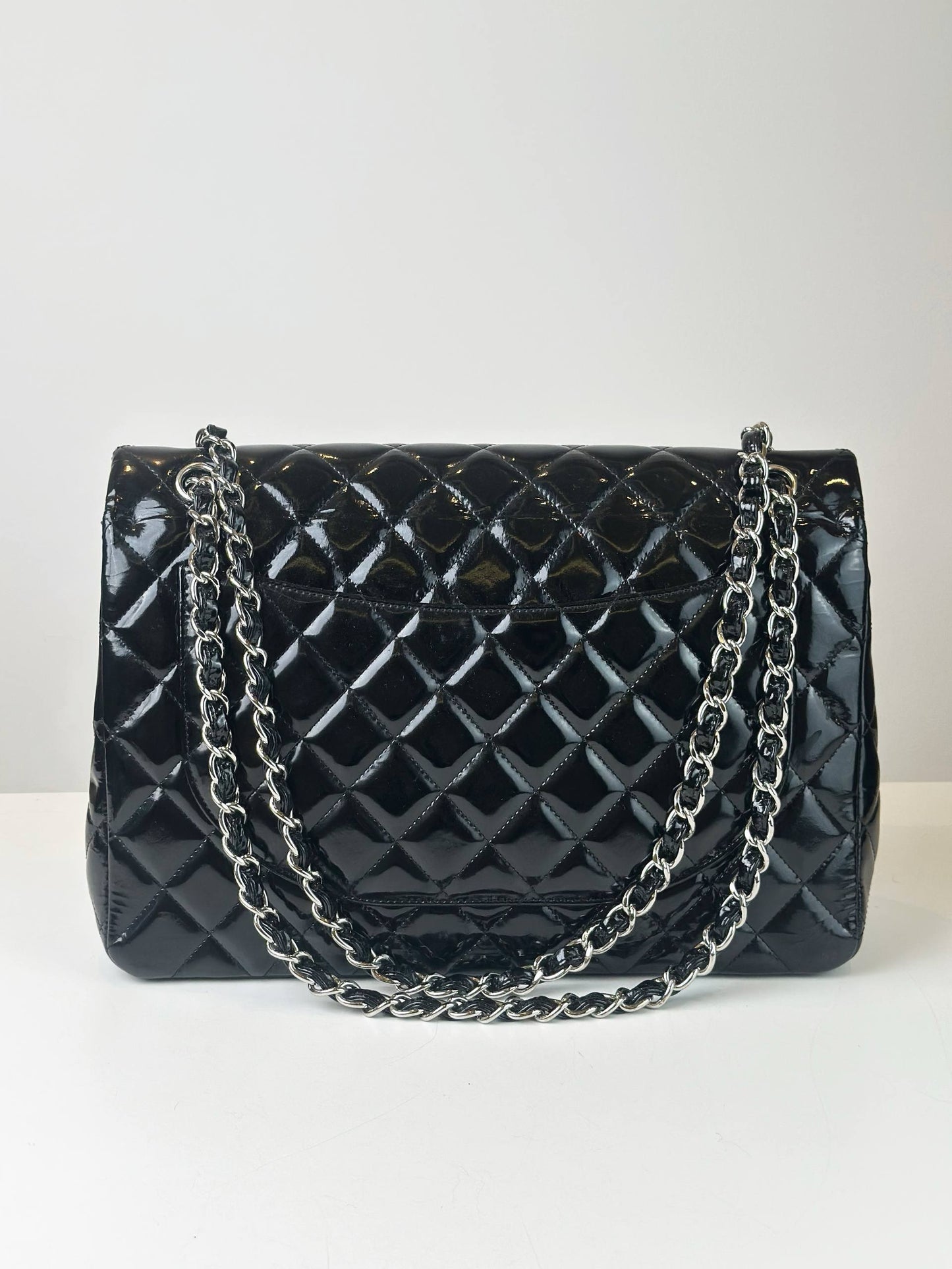 CHANEL CLASSIC FLAP BLACK PATENT LEATHER MAXI SHOULDER BAG SHW