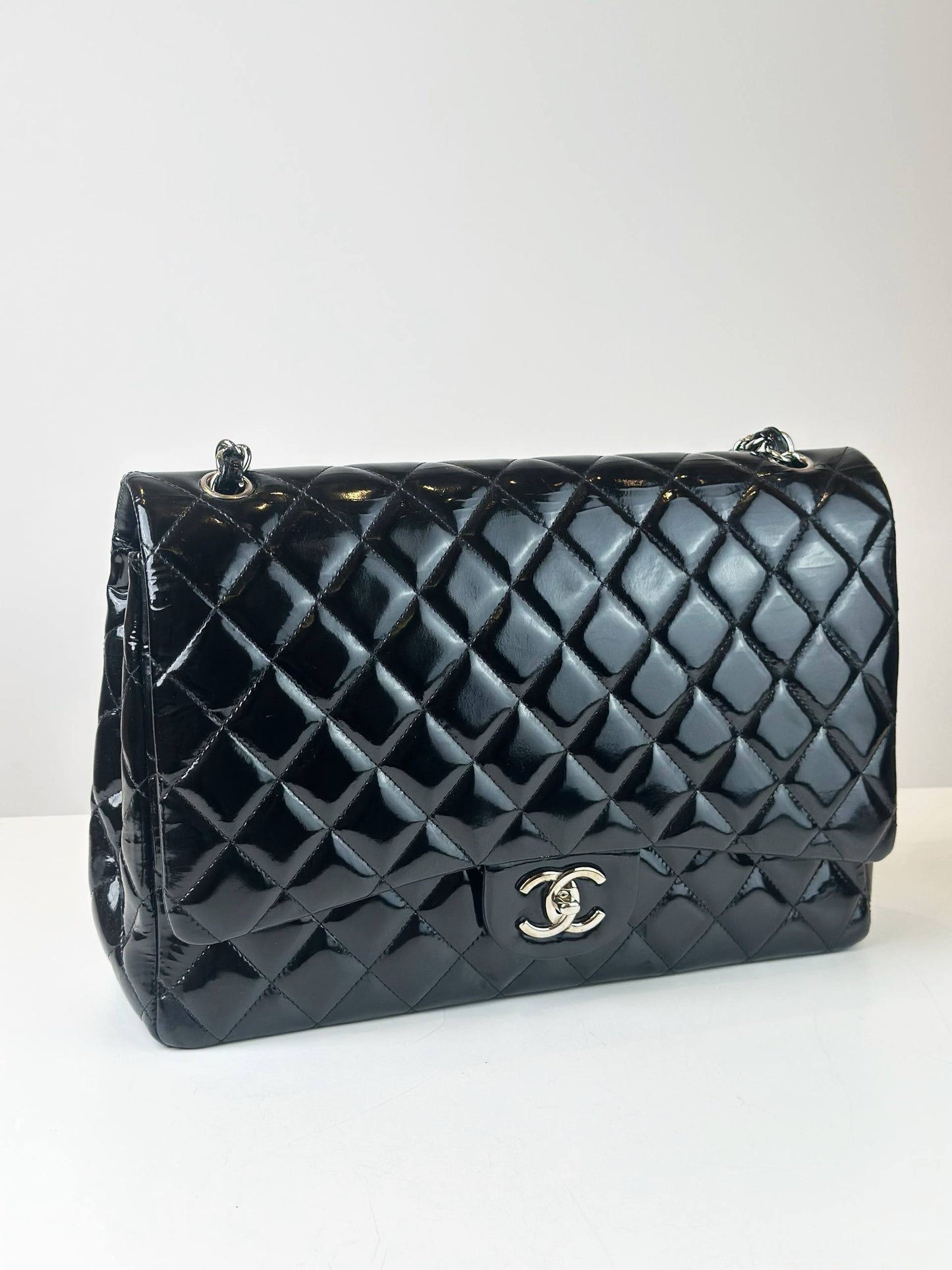 CHANEL CLASSIC FLAP BLACK PATENT LEATHER MAXI SHOULDER BAG SHW