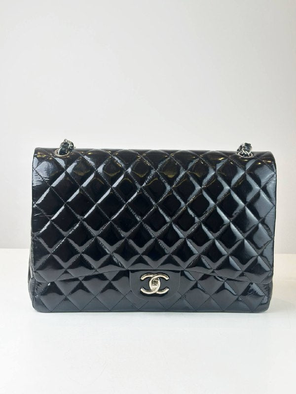 CHANEL CLASSIC FLAP BLACK PATENT LEATHER MAXI SHOULDER BAG SHW