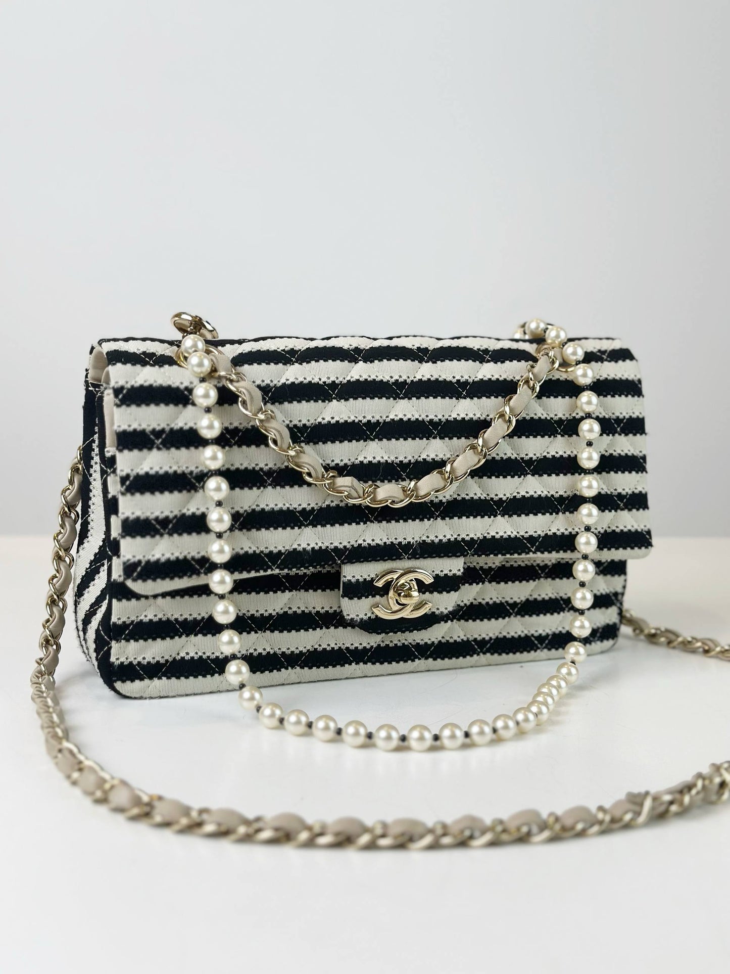 CHANEL COCO SAILOR PEARL MEDIUM CLASSIC FLAP IVORY BLACK SHOULDER BAG