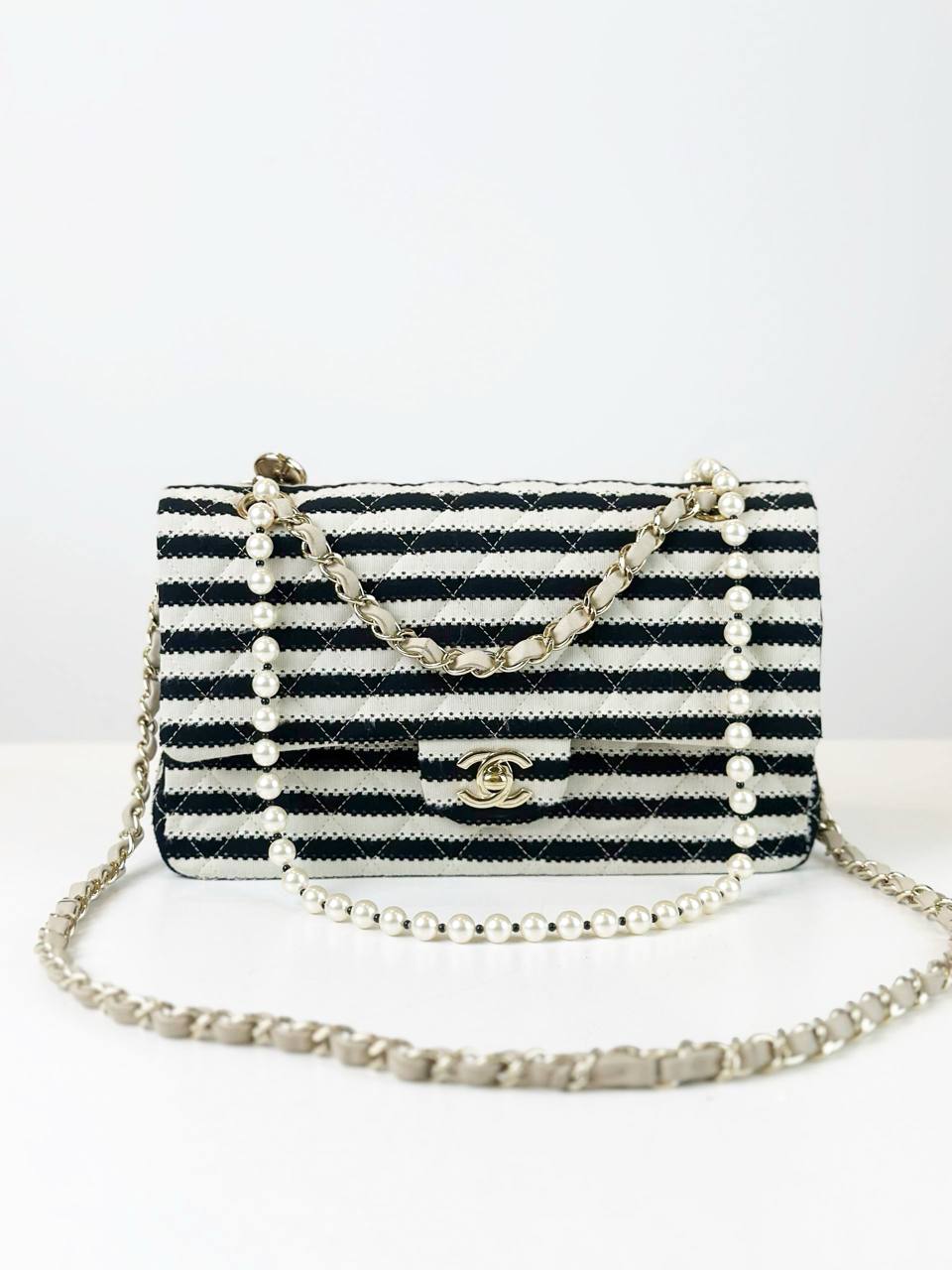 CHANEL COCO SAILOR PEARL MEDIUM CLASSIC FLAP IVORY BLACK SHOULDER BAG