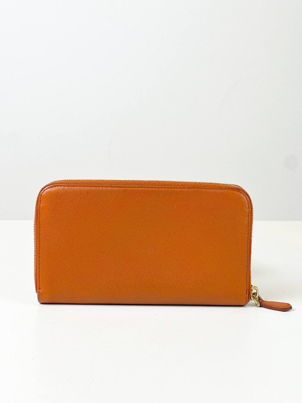 PRADA SAFFIANO LEATHER ZIP AROUND ORANGE LONG WALLET