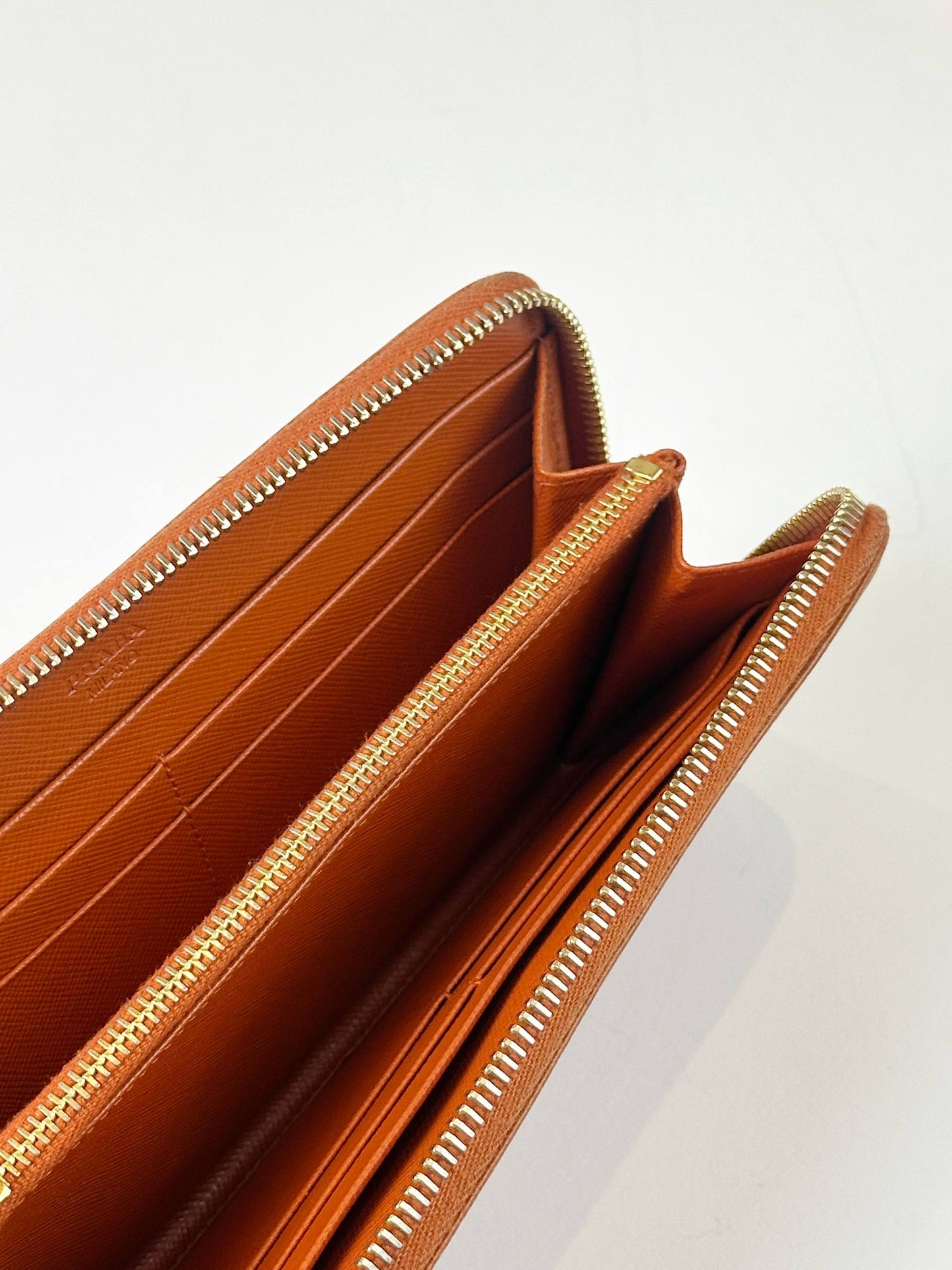 PRADA SAFFIANO LEATHER ZIP AROUND ORANGE LONG WALLET