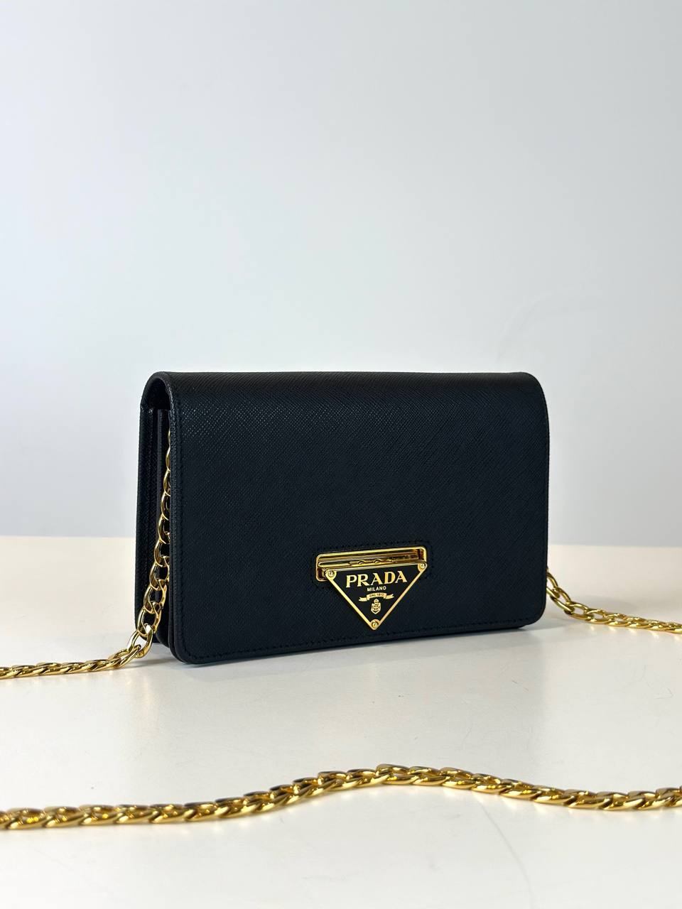 PRADA BLACK SAFFIANO LEATHER FLIP LOCK WALLET ON CHAIN
