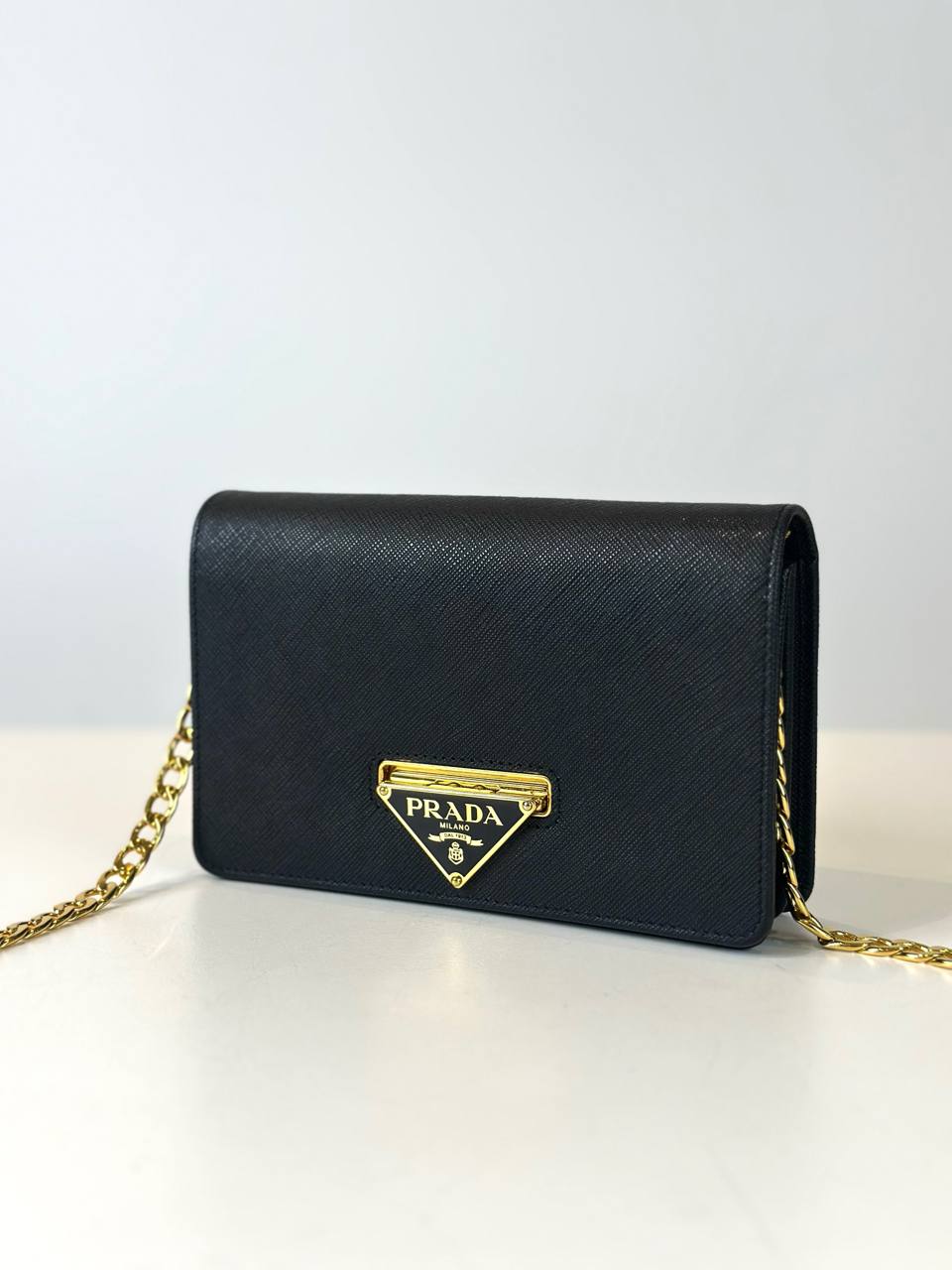 PRADA BLACK SAFFIANO LEATHER FLIP LOCK WALLET ON CHAIN