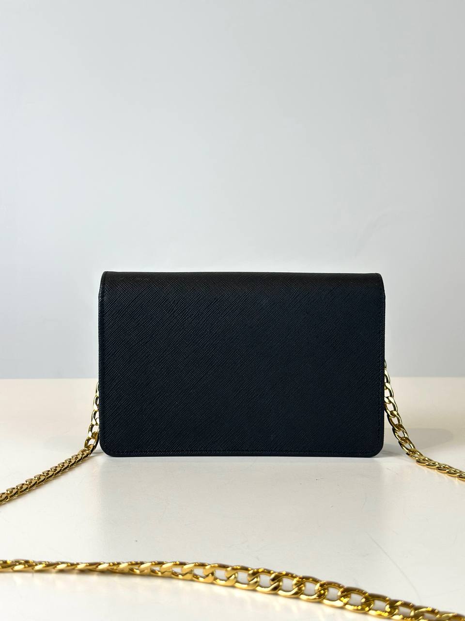 PRADA BLACK SAFFIANO LEATHER FLIP LOCK WALLET ON CHAIN