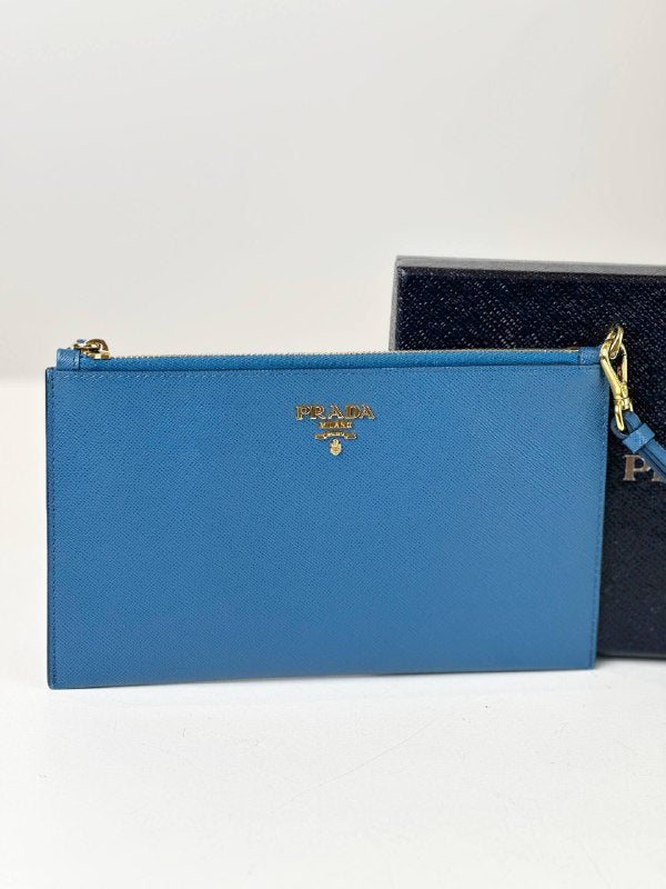 PRADA SAFFIANO LEATHER BLUE FLAT WRISTLET POUCH