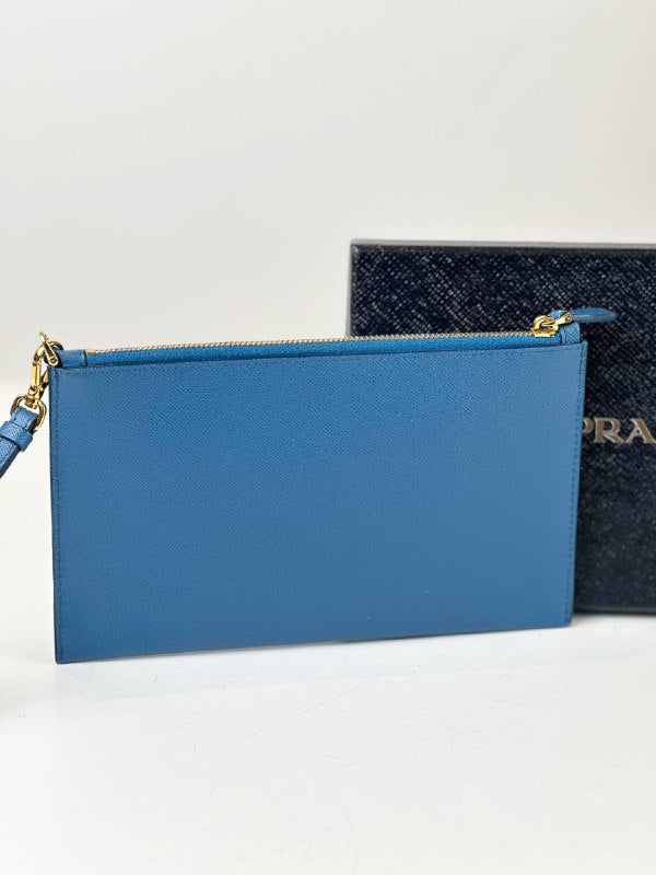 PRADA SAFFIANO LEATHER BLUE FLAT WRISTLET POUCH