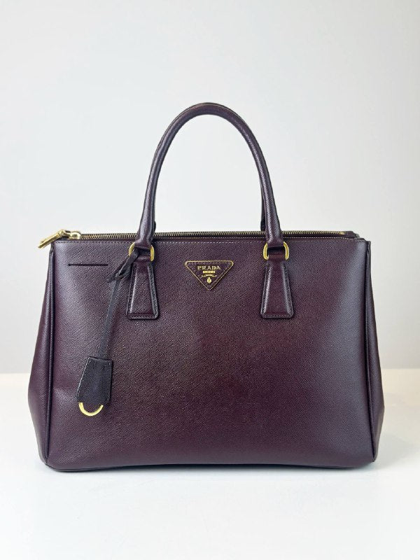 PRADA GALLERIA SAFFIANO LEATHER LARGE BURGUNDY TOP HANDLE BAG WITH STRAP