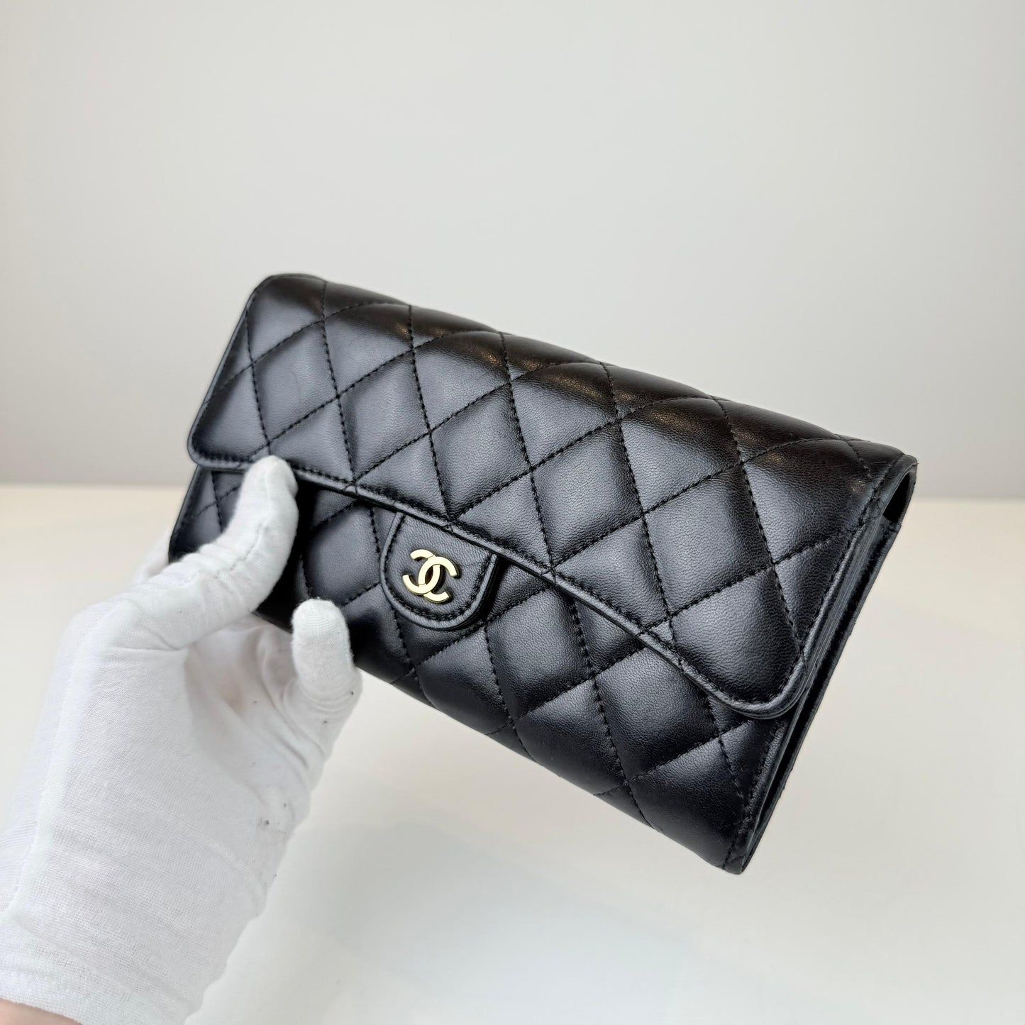 Chanel Matelasse Flap Long Wallet Black Lambskin Leather