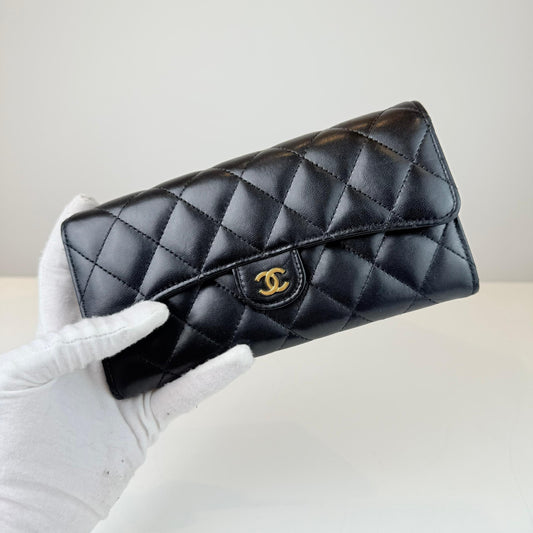 Chanel Matelasse Flap Long Wallet Black Lambskin Leather