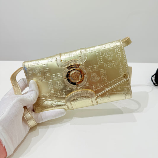 VERSACE METALLIC GOLD LEATHER WALLET ON STRAP