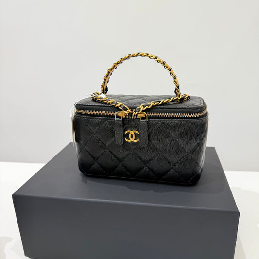 Chanel Caviar Black Gold Vanity Case & Top Handle Full Set
