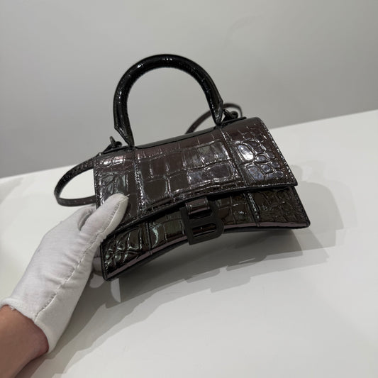 Balenciaga Silver-gray Crocodile Embossed Hourglass Bag