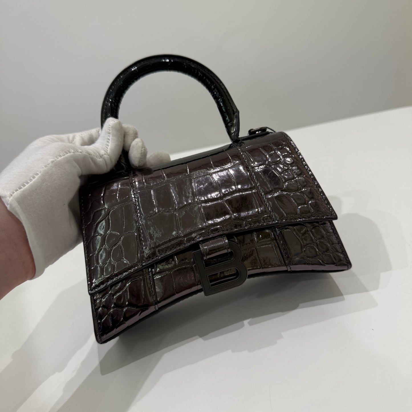 Balenciaga Silver-gray Crocodile Embossed Hourglass Bag