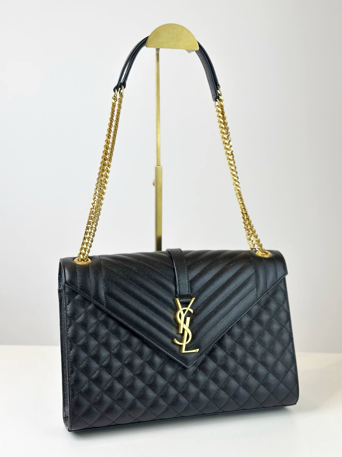YSL LARGE ENVELOPE MATELASSE GRAIN DE POUDRE LEATHER BLACK SHOULDER BAG GHW