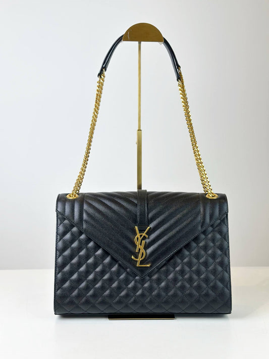 YSL LARGE ENVELOPE MATELASSE GRAIN DE POUDRE LEATHER BLACK SHOULDER BAG GHW