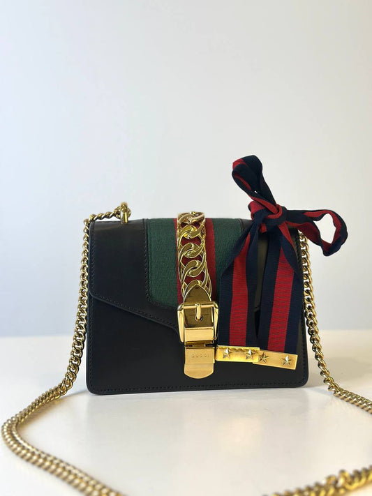 GUCCI SYLVIE SHOULDER GG WEB STRIPE MINI BLACK RED GREEN