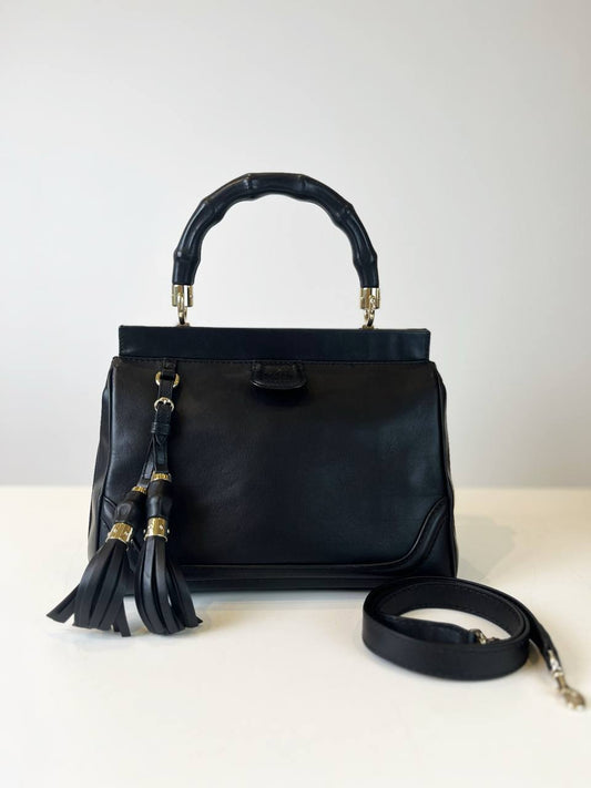 GUCCI LEATHER BOLD BAMBOO MEDIUM BLACK TOP HANDLE BAG