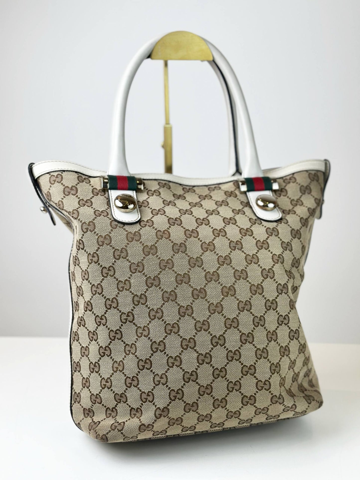GUCCI GG CANVAS SHERRY LINE WHITE BEIGE TOTE BAG
