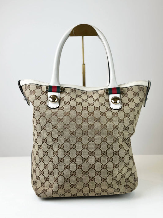 GUCCI GG CANVAS SHERRY LINE WHITE BEIGE TOTE BAG
