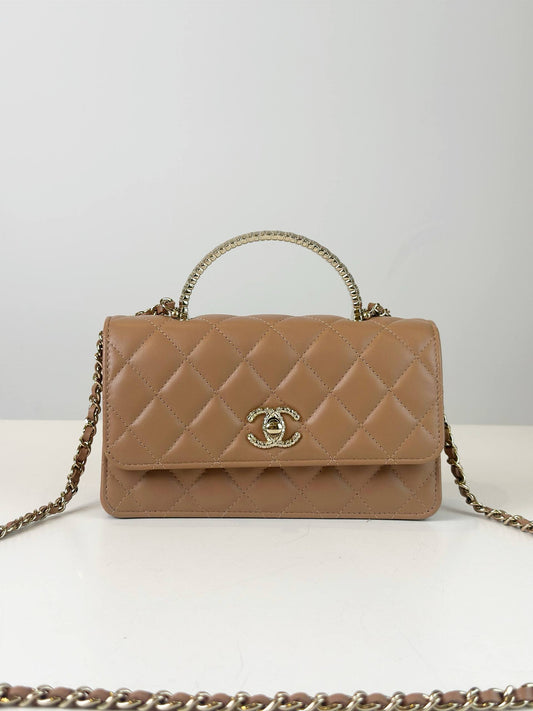 CHANEL LAMBSKIN MILK TEA WALLET ON CHAIN GHW
