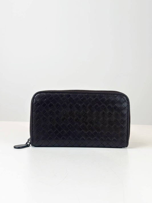 BOTTEGA VENETA INTRECCIATO DARK BROWN ZIPPY LONG WALLET
