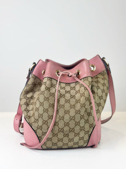 GUCCI BROWN GG CANVAS PINK DRAWSTRING BUCKET BAG