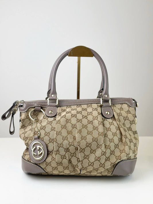 GUCCI GG CANVAS SUKEY PURPLE LEATHER HANDBAG