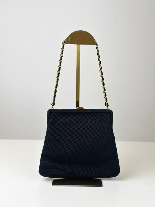 CHANEL VINTAGE CC KISSLOCK SATIN SMALL BLACK CHAIN BAG