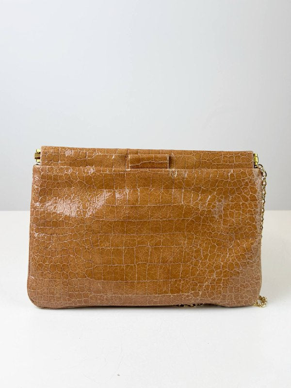 MIUMIU CROC EMBOSSED PATENT LEATHER BROWN CLUTCH