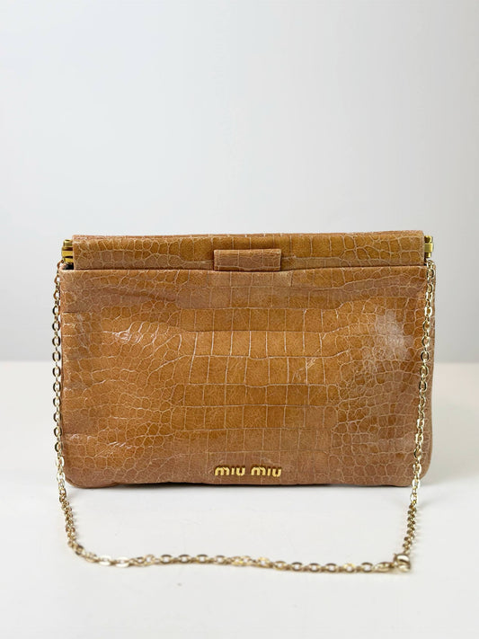 MIUMIU CROC EMBOSSED PATENT LEATHER BROWN CLUTCH