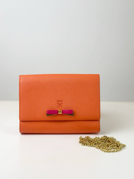 MCM ORANGE WITH PINK RIBBON WALLET ON CHAIN