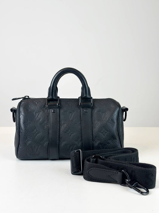 LOUIS VUITTON KEEPALL BANDOULIERE 25 BLACK TAURILLON LEATHER CROSSBODY BAG