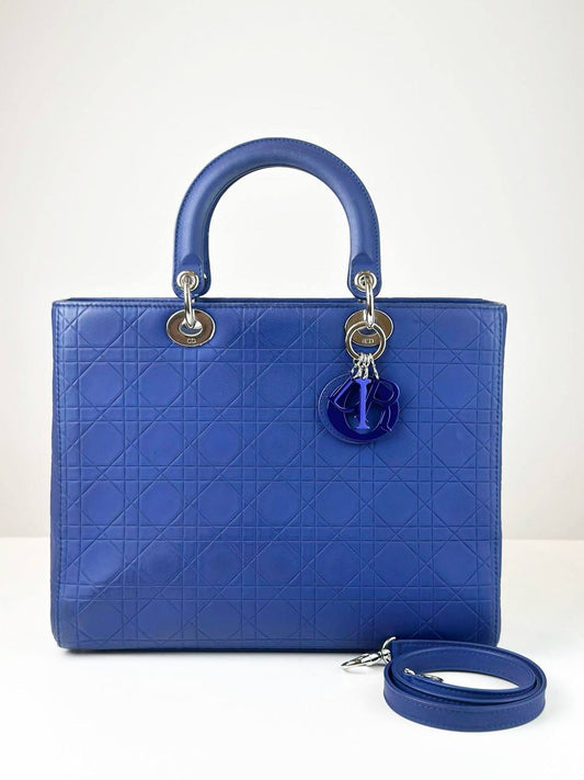 DIOR LADY DIOR BLUE CANNAGE EMBOSSED LEATHER LARGE HANDBAG WITH STRAP